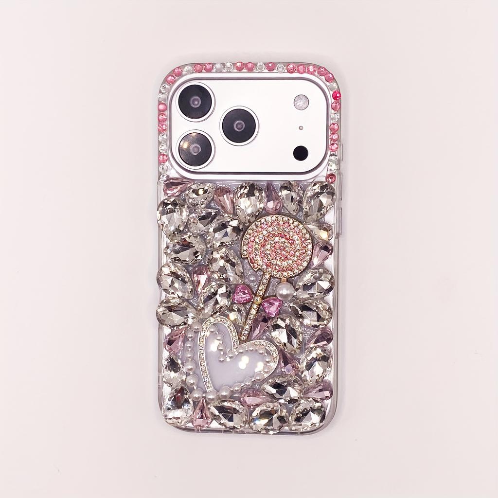 Luxury Fashion Crystal Pink Hardware Lollipop Pearl Heart Drop-Proof Phone Case with Crystal Lanyard, Suitable for iPhone 17 Pro Max / 16 Plus