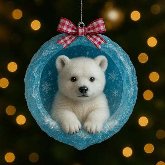 Kutup Hayvanı Yılbaşı Süsleri 2D Akrilik Buzlu Mağara Askılı Dekor Kutup Ayısı Penguen ile Noel Ağacı Süsü