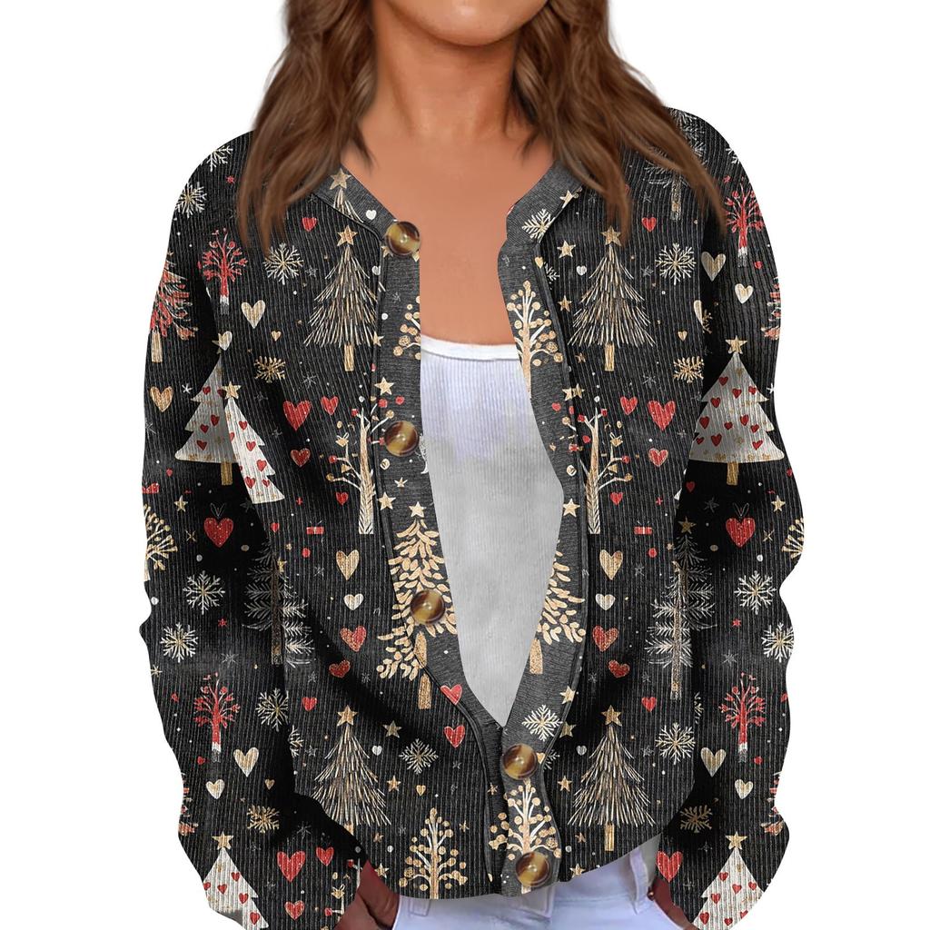 Fashion Women's Christmas Print Long Sleeve Knitted Cardigan Button Jacket