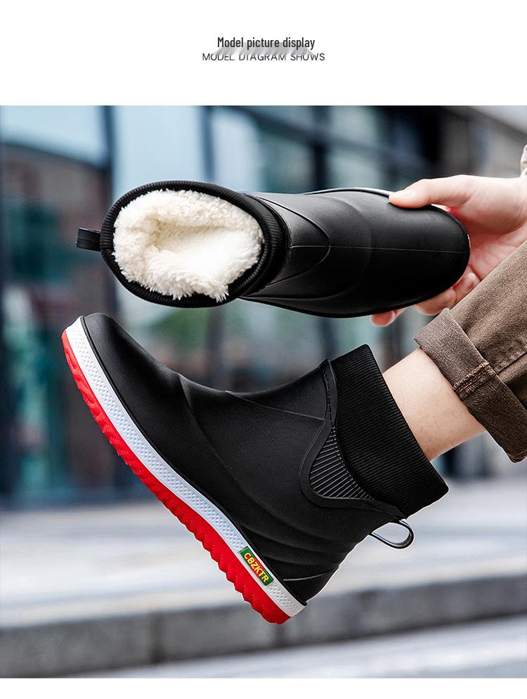 Men's Fashionable Low-Top Waterproof Rain Boots with Fleece Lining, Washable Flat Bottom, Mid-Calf, Ideal for Kitchen, Food Delivery, and Riding.