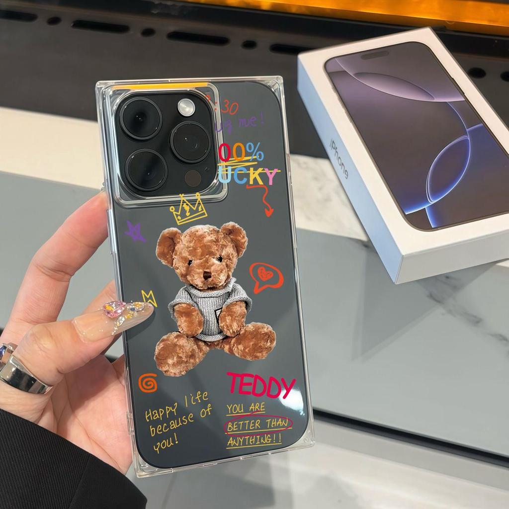 Clear Square Back Tube Case Protection For iPhone 13 12 14 Pro Max 11 15 Plus 16 ProMax Anti-Oxygen,Teddy Bear Pattern Casing