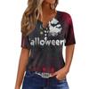 Women's Casual Halloween Print V Neck Button Front Three Quarter Sleeve T Shirt Top Lightweight Soft Fabric Comfortable Fit