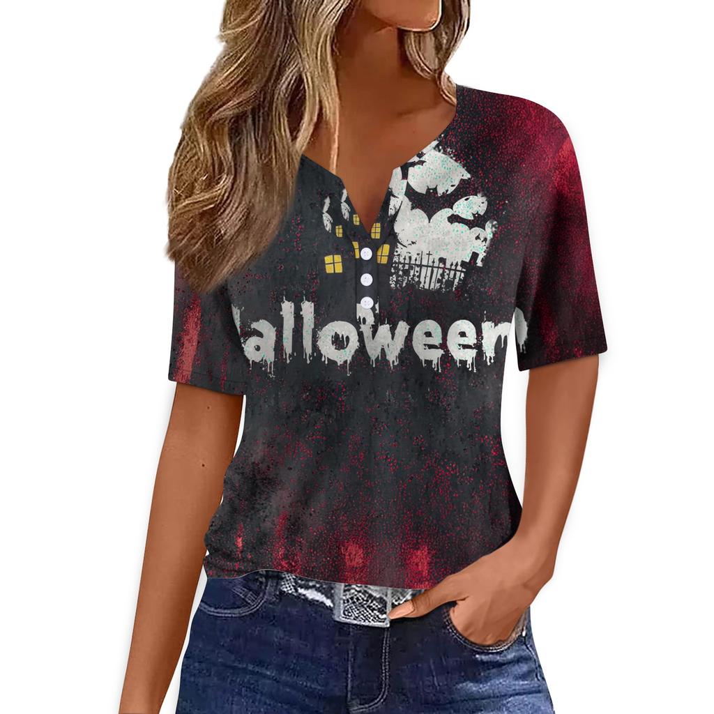 Women's Casual Halloween Print V Neck Button Front Three Quarter Sleeve T Shirt Top Lightweight Soft Fabric Comfortable Fit