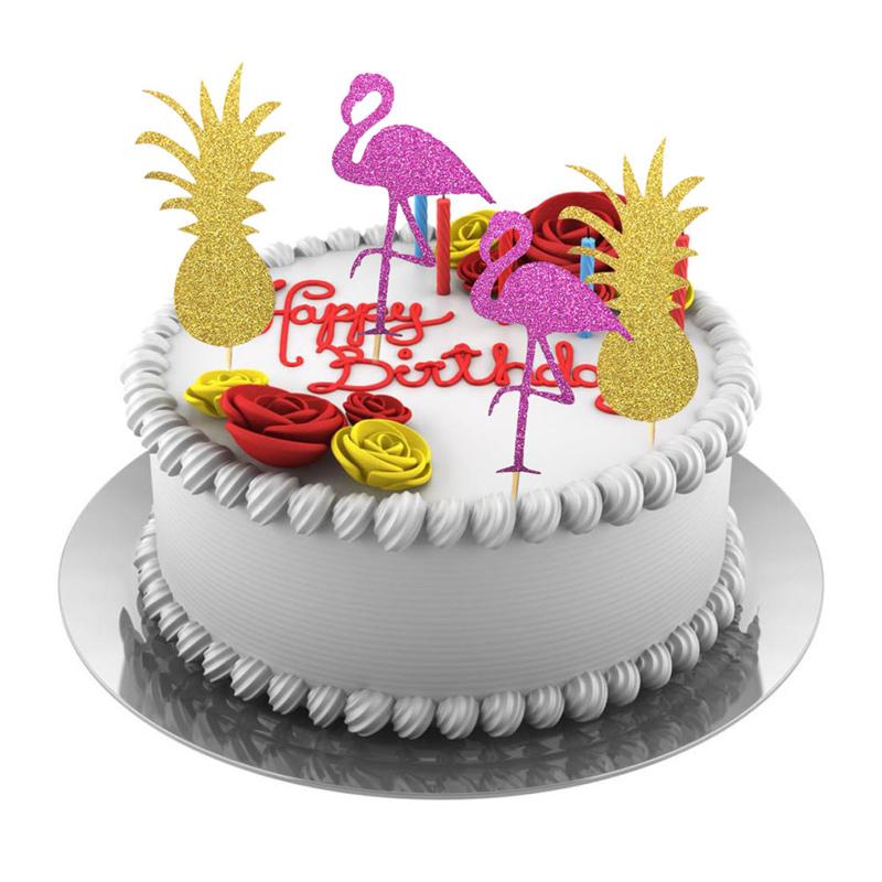 5x Glitter Flamingo Cupcake Toppers Tropical Hawaiian Beach Party Cake Decor