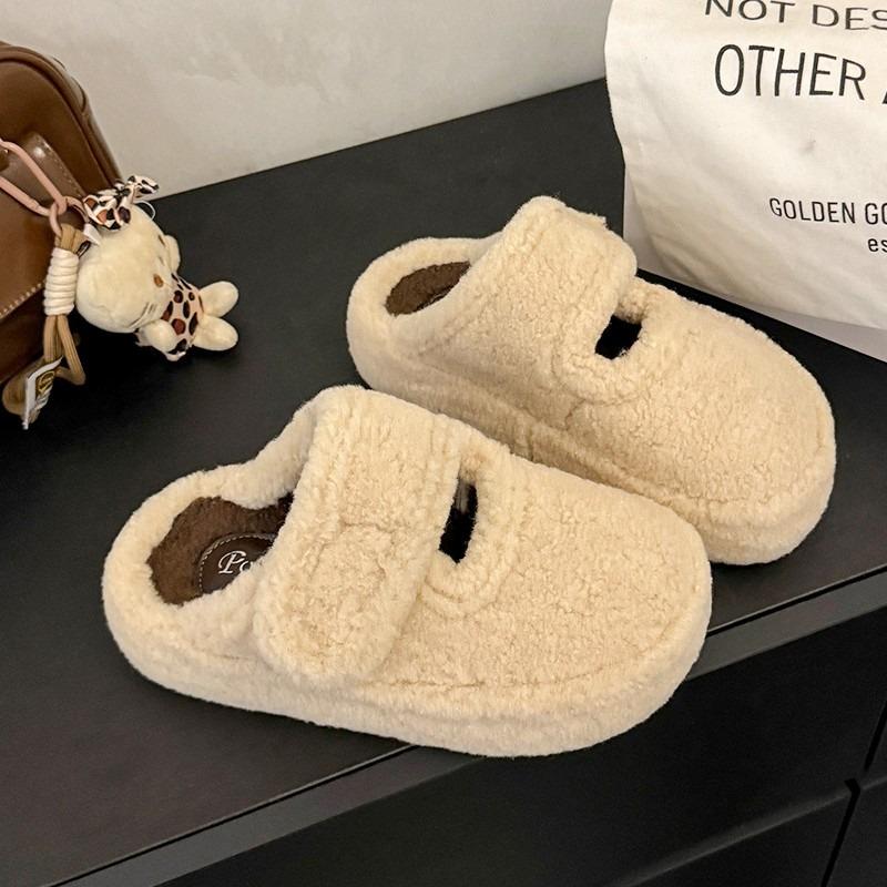 Fashionable Fleece Lined Flat Bottom Fur Slippers Women's Cotton Mary Janes Warm Autumn Winter Rubber Surface Slippers