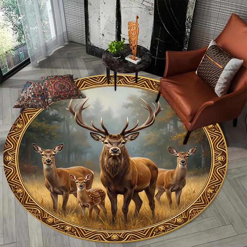 Deers Round Area Rug,Carpet Rug for Living Room Bedroom Sofa Playroom Decor,Non-slip Floor Mat