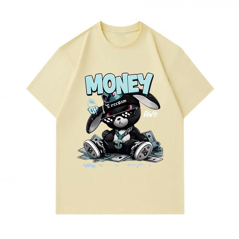 Men's 100% Cotton Crew Neck Short Sleeve T-Shirt, Cool Hip Hop Black Bunny Money Graphic Print Casual Comfortable Streetwear Tee for Daily Wear