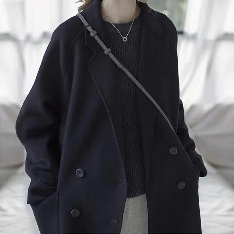 

Офисные женские зимние однотонные двусторонние кашемировые пальто женские теплые свободные короткие шерстяные пальто повседневные стеганые пальто XL чёрный