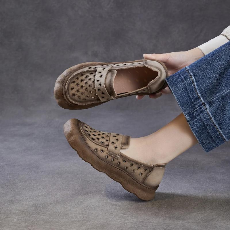 Johnature Soft Soled Slip-on Genuine Leather Loafers Comfortable Hollow-out Breathable Women's Flat Shoes