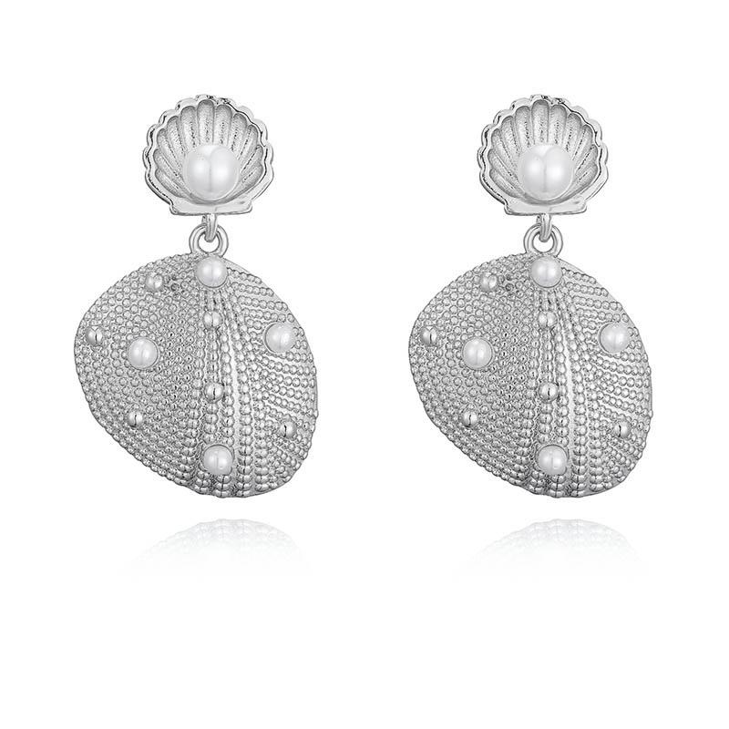 

HECHENG,18K Golden Plated Pearl Shell Ocean Series Earrings Retro Neutral Metal Zircon 1 Pair Other
