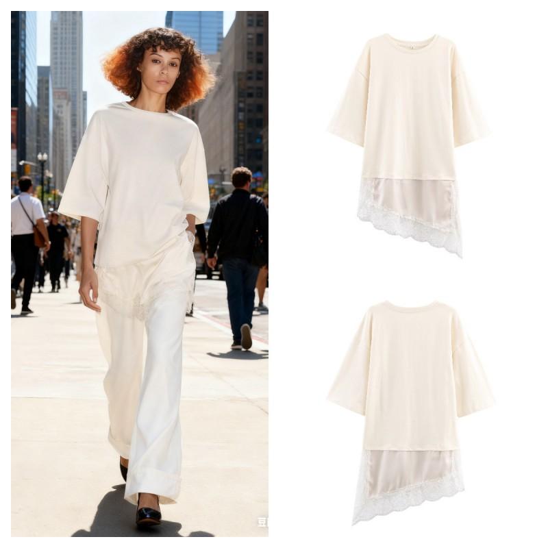 Womens Lace Patchwork T-Shirt Street Style U-Neck Mid Sleeve Long Top XS-L