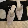 Plush pointed rhinestone half slippers women's 2025 autumn French muller shoes