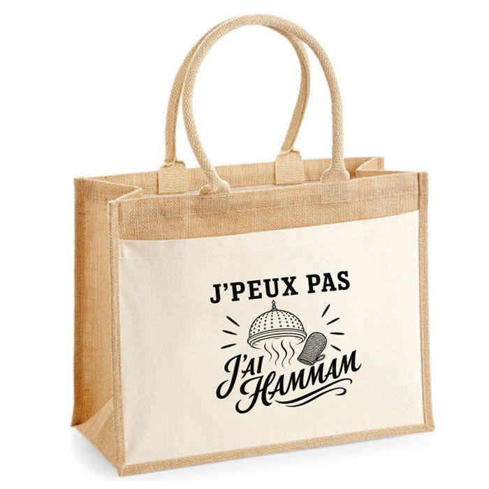 Sac Cabas Jute avec Poche J’peux pas j’ai Hammam J'peux pas minimaliste | Toile de Jute et Coton 21 L Fond Plat Anses 65 cm