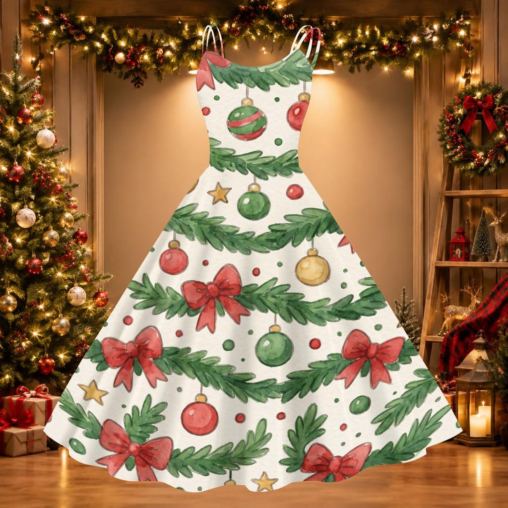 Damen Weihnachtsdruck Off-Shoulder Vintage Kleid