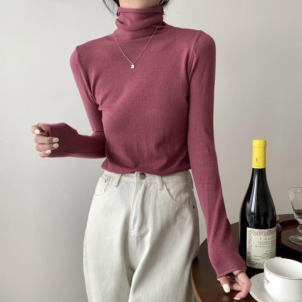 Korean Style Rolled Edge Puffy Collar Slim Fit Knit Sweater for Women