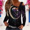 Women Plus Size Asymmetric Cutout Neck Cold Shoulder Long Sleeve Floral Printed Denim Blue Blouse