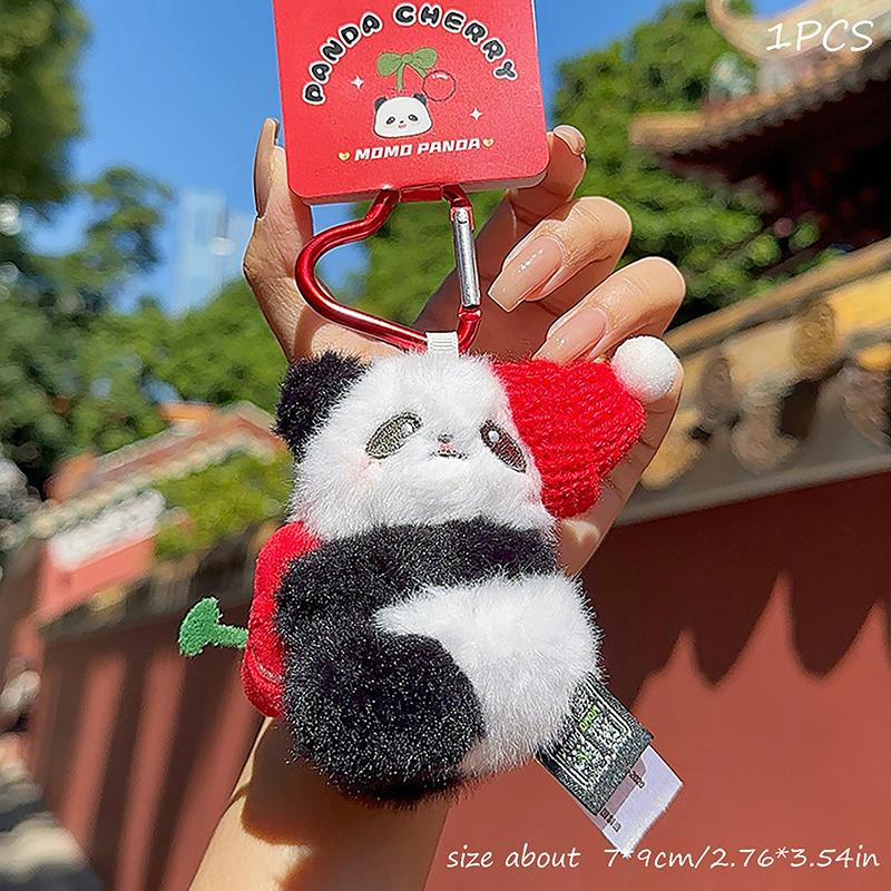 Cartoon Cute Cherry Panda Plush Doll Stuffed Toy Keychain Pendant Key Charm Bag Hanging Ornaments  Accessories Kids Gifts