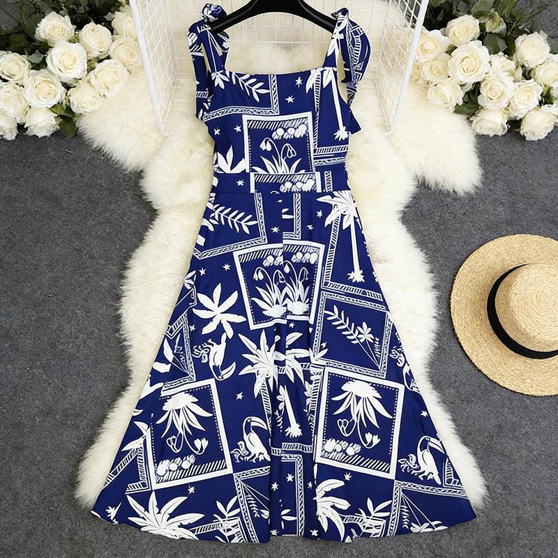 New European and American women's clothing fashion popular printing suspender long dress vacation