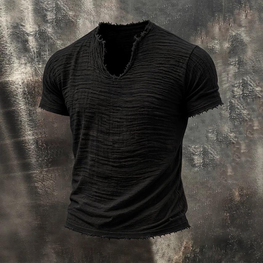 2026 Solid-color Men's Retro Cotton-Linen Mustache Edge Special V-Neck Short-Sleeve T-Shirt