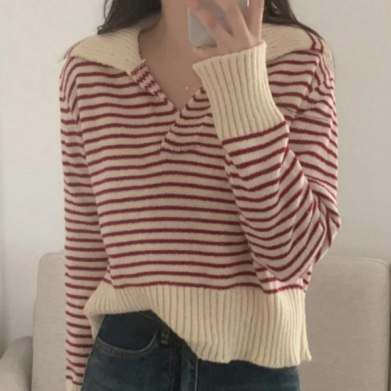 Striped Knit Sweater Women 2026 Fall Winter Loose Lazy Fit Contrast Color Collar Inner Outer Wear