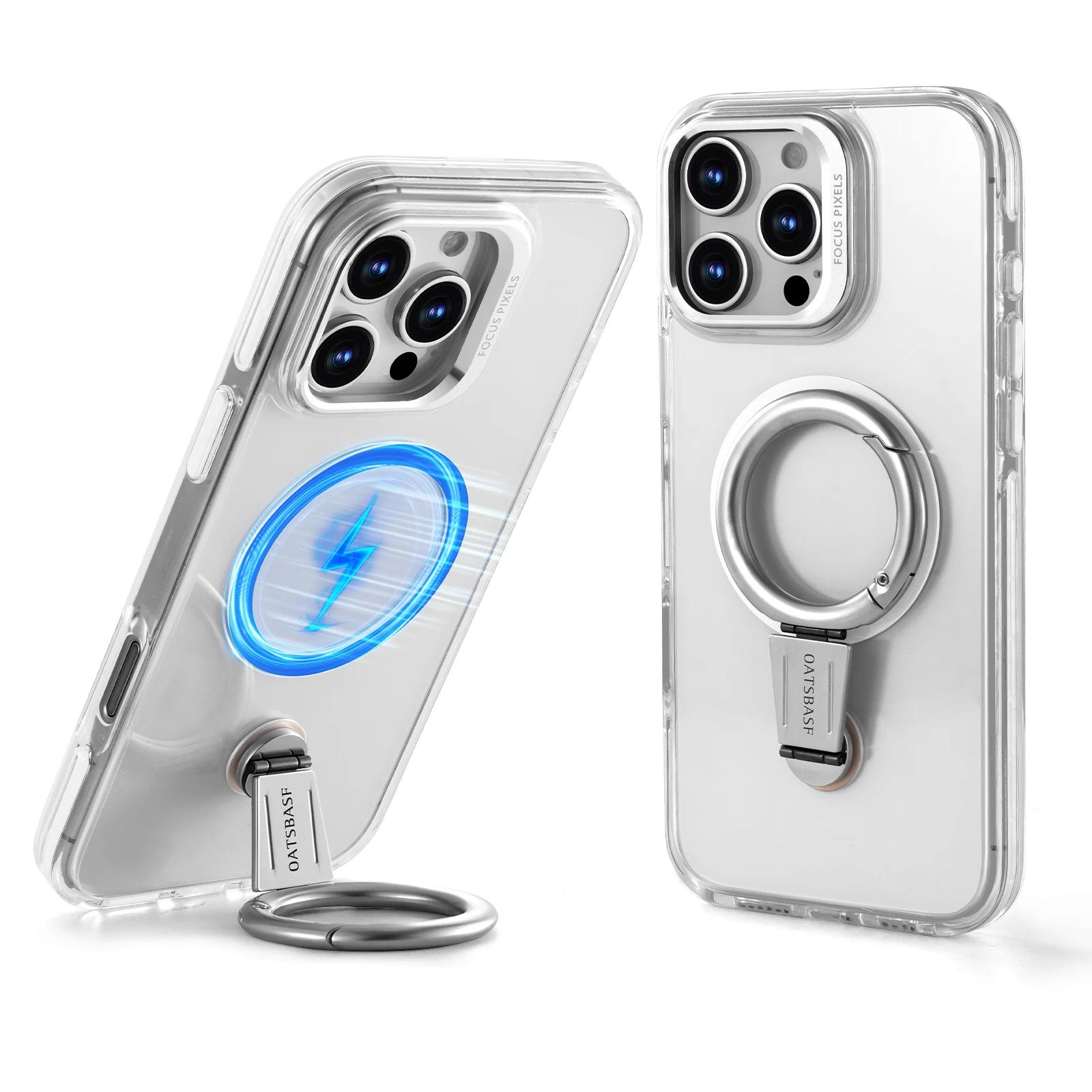 

Oatsbasf for iPhone 16 15 Pro Max Phone Case with Magsafe 360°Rotatable Magnetic Ring Stand Transparent Bumper Protective Cover Case & Strap&For iPhone 15 Pro