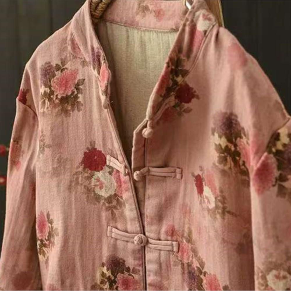 Johnature Women Vintage Print Floral Jackets Stand Long Sleeve Autumn Coats Loose Patchwork Pockets Chinese Style Jackets