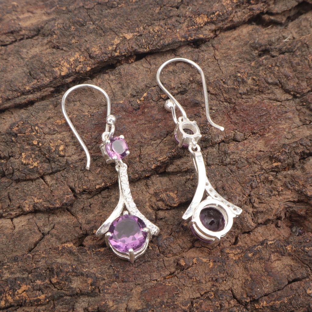 Natural Amethyst Gemstone 925 Sterling Silver Jewelry Zircon Hook Earrings 1.84" CZE-9-8