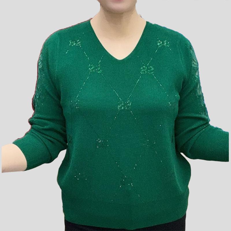 Frühling Herbst Damen V-Ausschnitt Pullover Lockere Passform Strasssteine Lochstrick Überzieh-Pullover