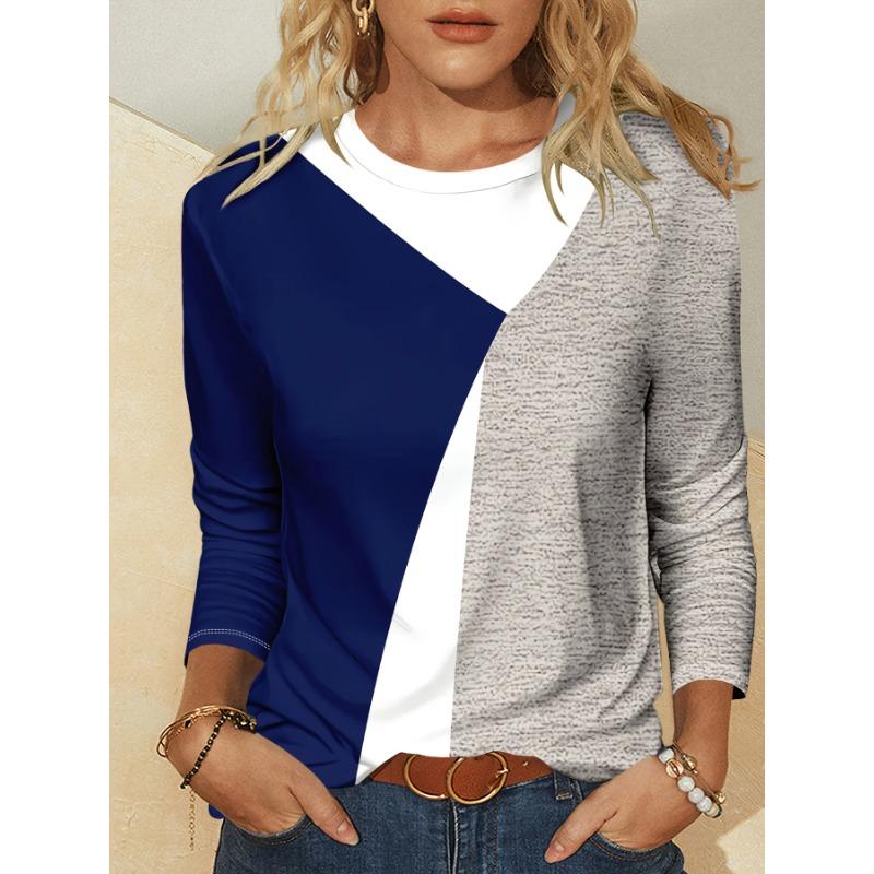 

Spring and Autumn Women s 3D Striped Color Block Print T-shirts Fashionable Long Sleeve Round Neck Regular Top 4XL