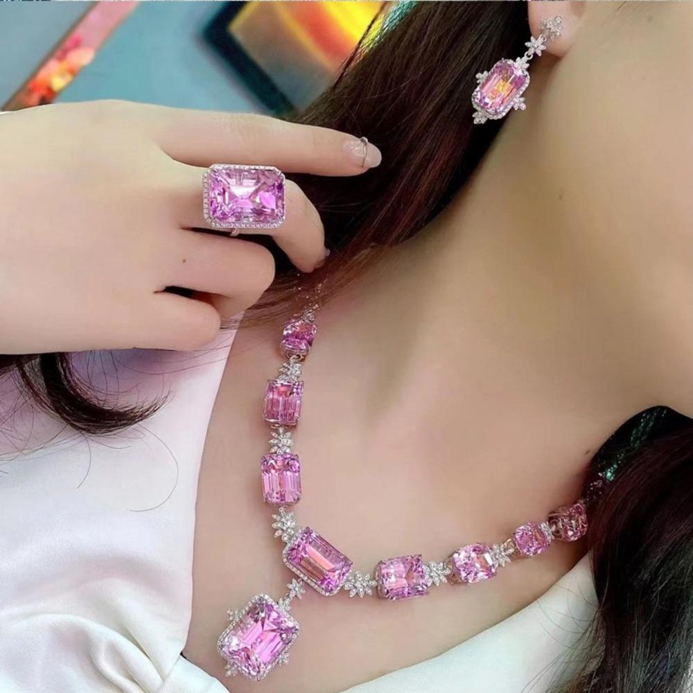 

Women Jewelry Set Hexagram Earrings Wedding Accessories Bridal Jewelry Pink Diamond Necklace Color Gemstone Ring