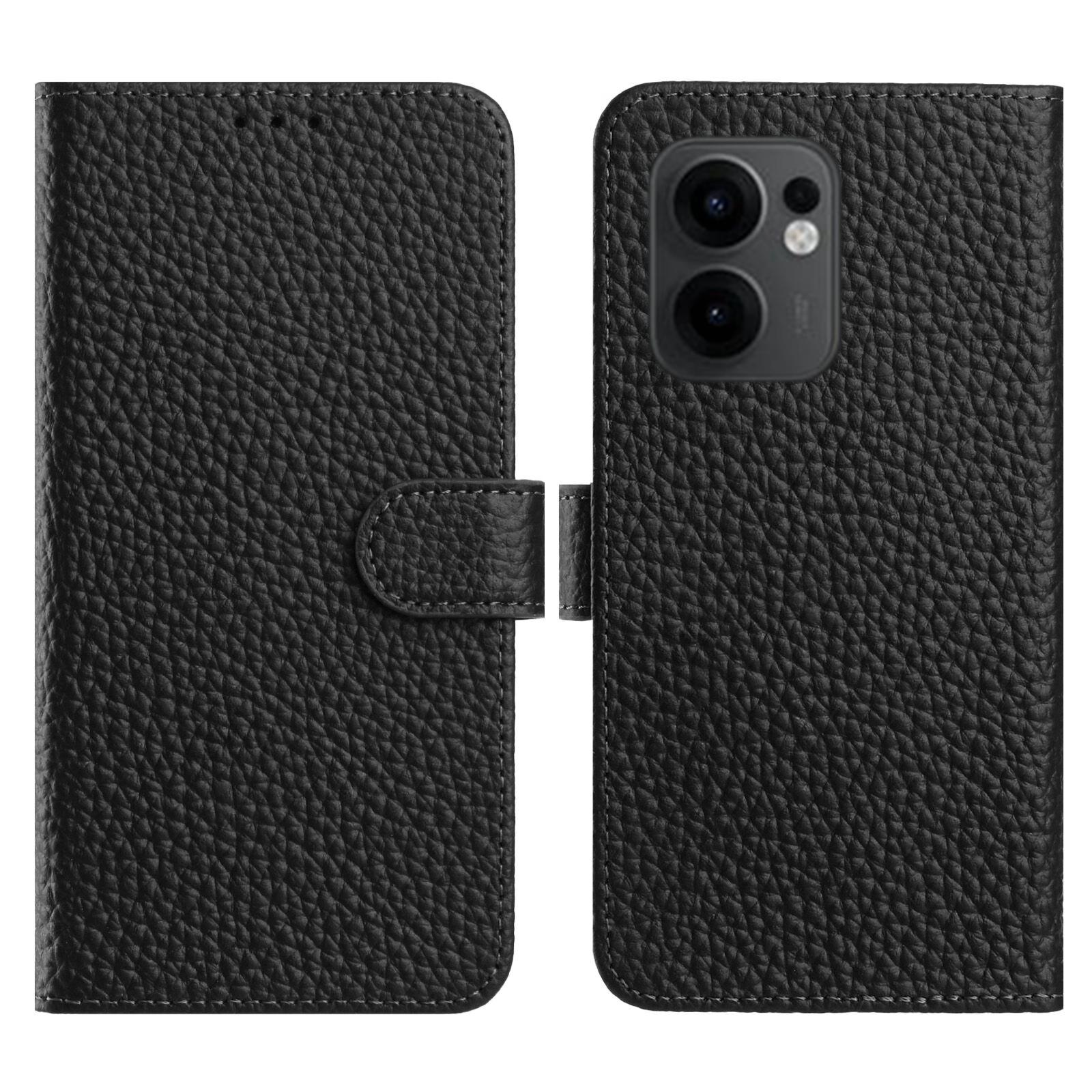 

For Oppo Reno13 F 5G/4G Case Wallet Stand Litchi Texture Genuine Cow Leather Flip Phone Cover Black