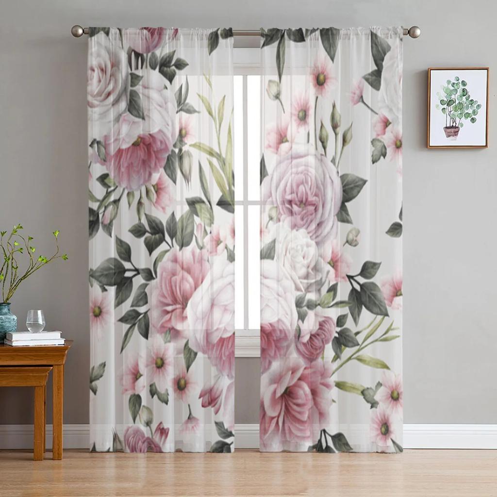 Blumenmuster mit rosa Rosen, transparente Fenstervorhänge für Wohnzimmer und Schlafzimmer, moderne Chiffon-Voile-Vorhänge, Stoffvorhänge