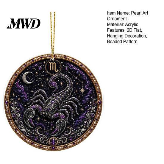 Durable Acrylic Decor 2D Flat Pearl Painting Ornament, Double Sided Zodiac Theme Hanging Gem Valentine Day Gift Art Craft, Rhinestone Beads