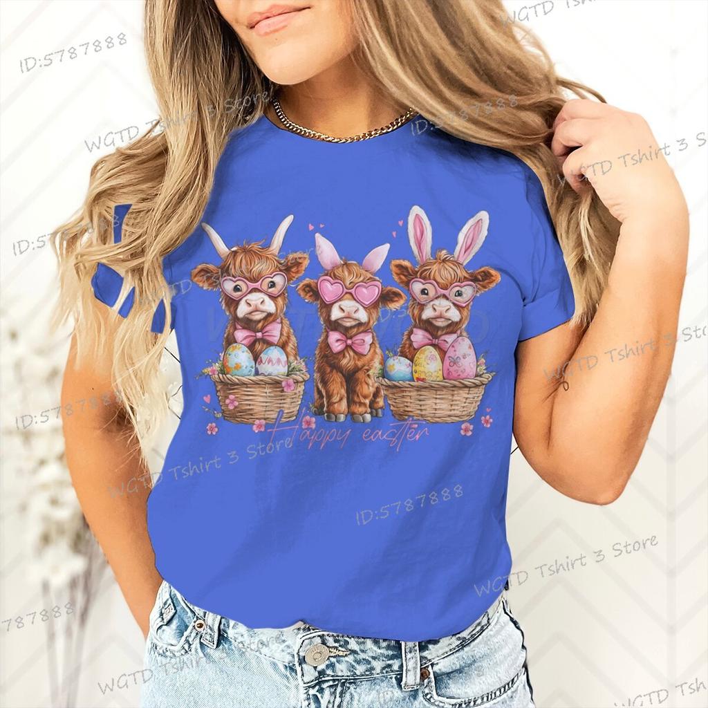 Happy Easter Day T-shirt Female Easter Cute Highland Cow Graphic T Shirts Women Cute Cow Gift for Women Retro Easter Vibes Shirt