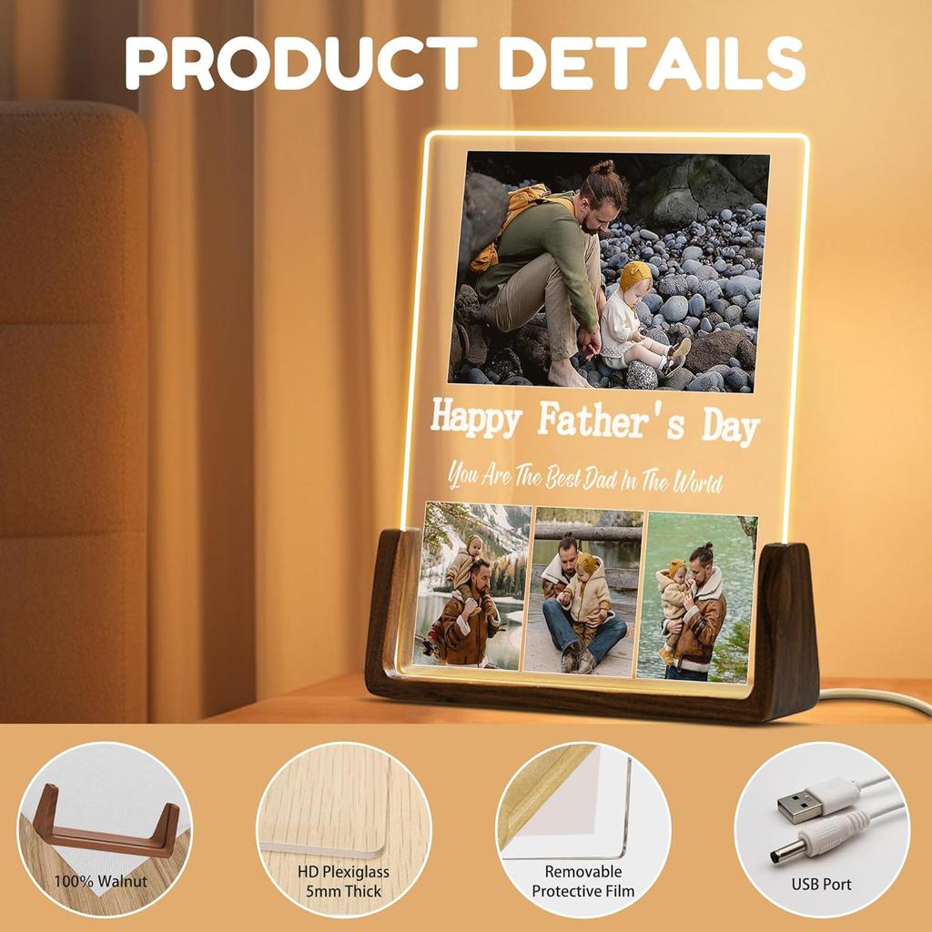 Custom Father's Day Gift for Dad, Photo Acrylic Plaque Personalized Night Light, Walnut Photo Frame with Night Light, Unique Romantic Birthday