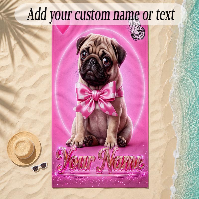 Pug Theme Soft Beach Towel Personalized Custom Name Text Towel Portable for Beach Pool Travel