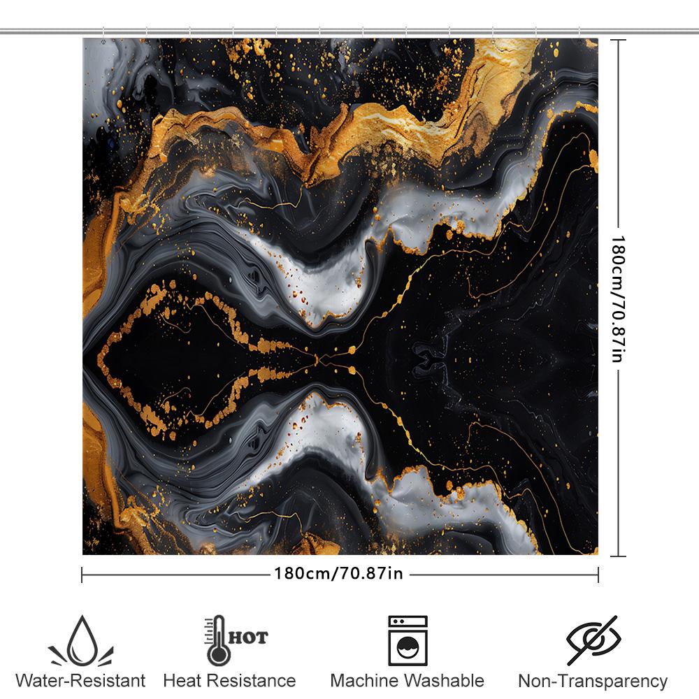 Luxury Marble Print Shower Curtain Set Black Gold Geometric Pattern Bathroom Decor with Rod Pocket for Home Bathing Room (69 x 7