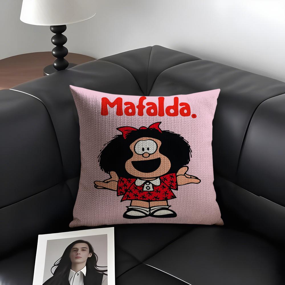 M-Mafalda Cartoon Cute Cushion Cover Natural Linen Organic Fabric Double-Sided Printing Sofa Home Decor Gift Pillow Case