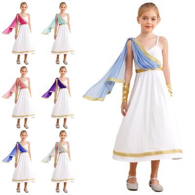 Girls Ancient Greek Princess Costume High Waist Cami Dress Golden Embroidery Cape Arm Sleeve Halloween Outfit