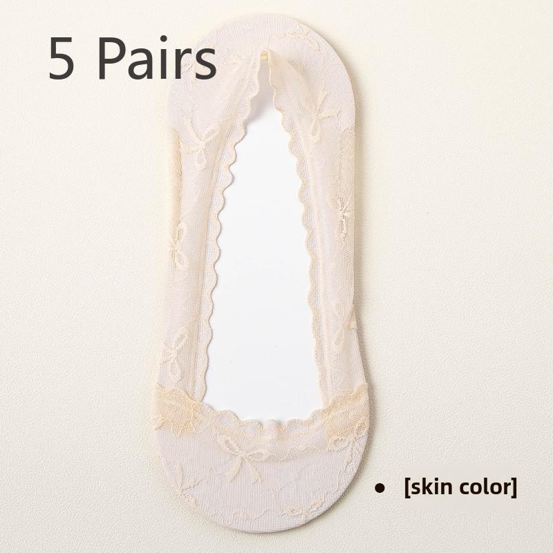 5 Pairs of Women's Spring/summer Lace Invisible Non Slip Pure Cotton Sweatwicking Boat Socks