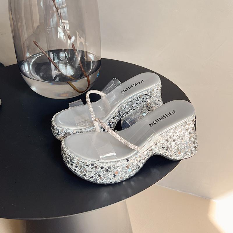 Fashion versatile thick-bottomed wedge heel with transparent cool slippers, summer design sequined thick-bottomed cool slippers