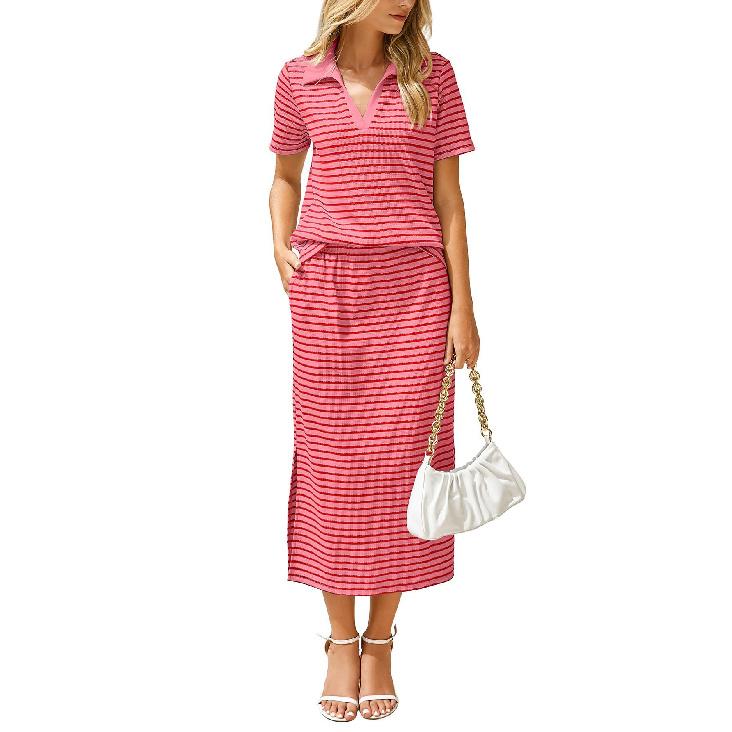 2026 Summer New Women's Fashion Casual Turn-down Collar T-shirt and Slit Skirt Set