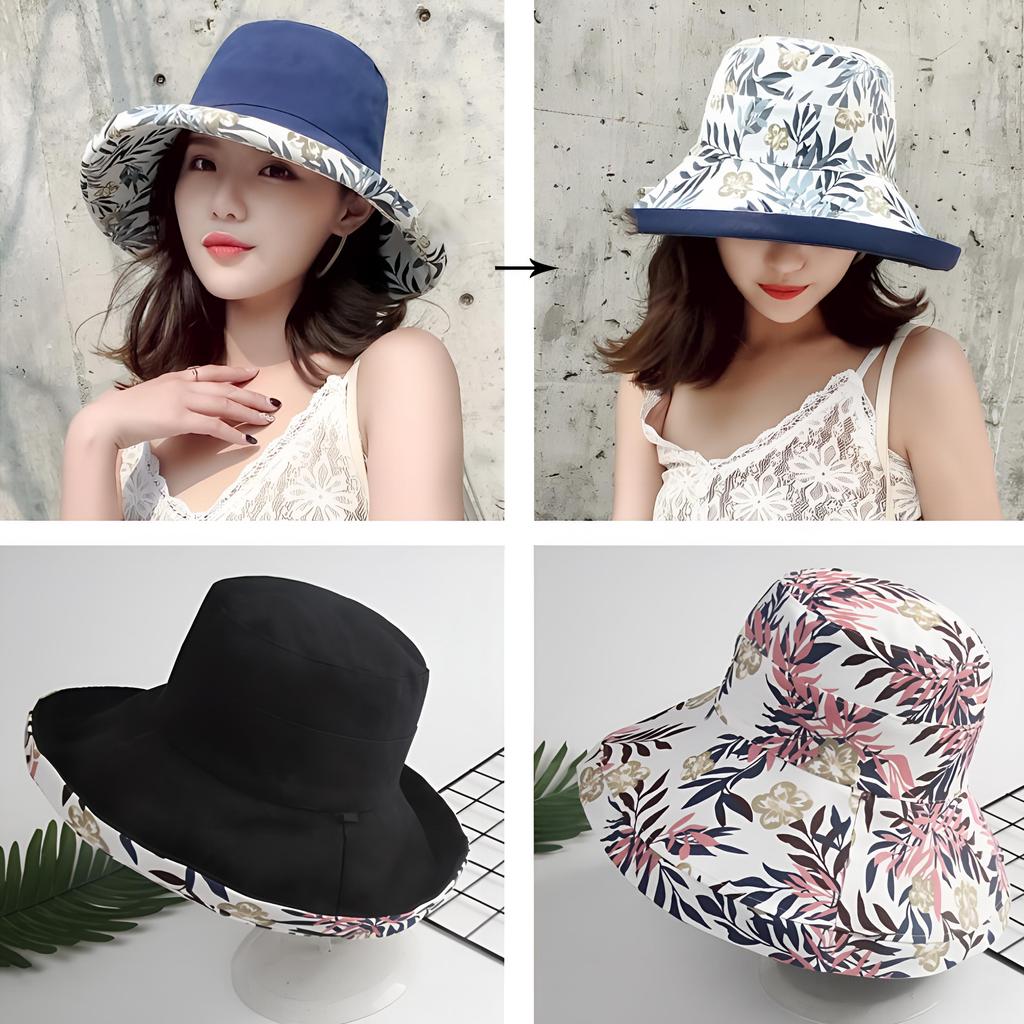 Wide Brim Cotton Summer Hat Women Packable Reversible Floral Bucket Hat UV Sun Protection Wide Brim Summer Beach Cap Double Sided Floppy Sun Hats