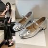 Summer New Large Size Thick Heel Bow Light Mouth One-word Buckle Strap Single Shoes Women's Mary Jane Small Leather Shoes