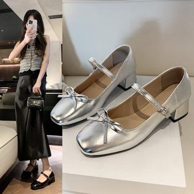 Summer New Large Size Thick Heel Bow Light Mouth One-word Buckle Strap Single Shoes Women's Mary Jane Small Leather Shoes