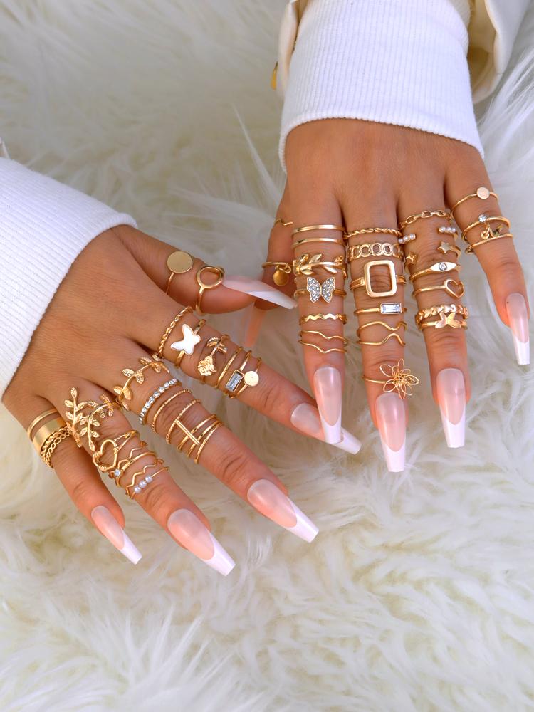 

Gold Color Minimalist Ring Set for Women Vintage Leaf Flower Butterfly Geometric Girls Finger Rings New Elegant Jewelry Gifts
