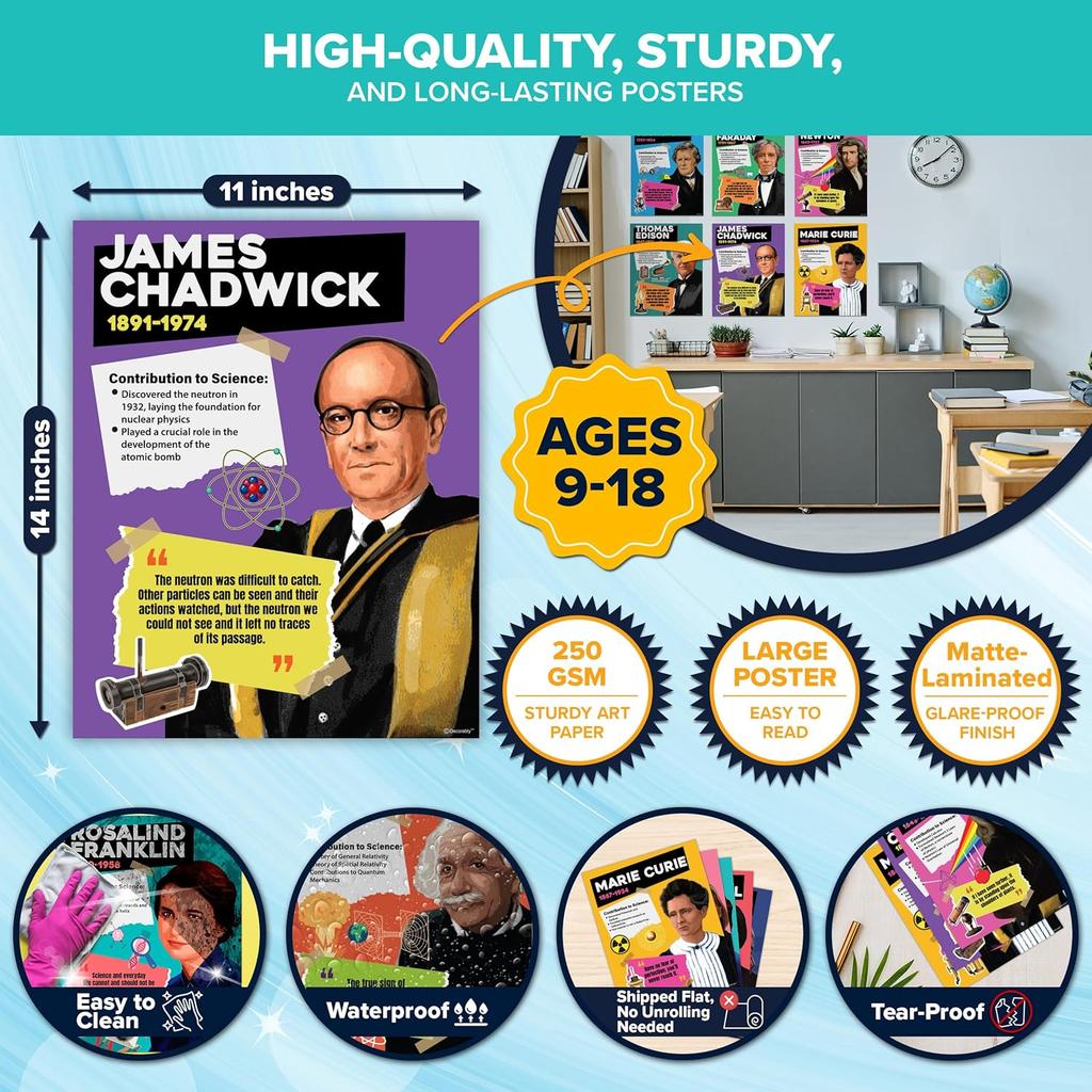 Decorably 12 Famous Scientists Posters for Classroom, 11x14in Educational Matte-Laminated for School Decor, Hallways, Bulletin Boards, Home Study