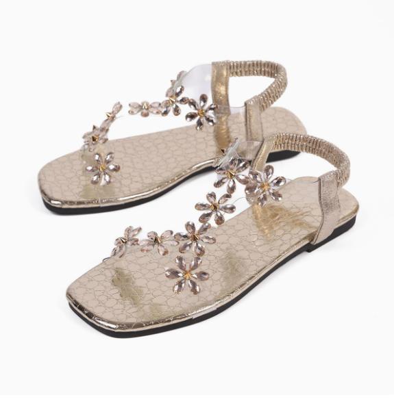 Bohemia women s square-toe flat sandals adorned with floral decorations beach vacaction comfort shoes outdoor footwears 35