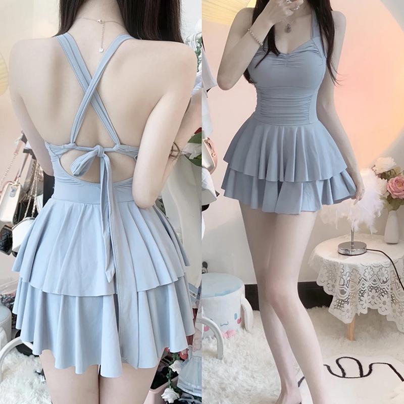 

2025 Жіночий Милий Сексуальний Купальник: Однотонний, Зібрана спідниця-торт, Купальник, що робить стрункішим XL (55-62.5 kg) світло-сірий колір