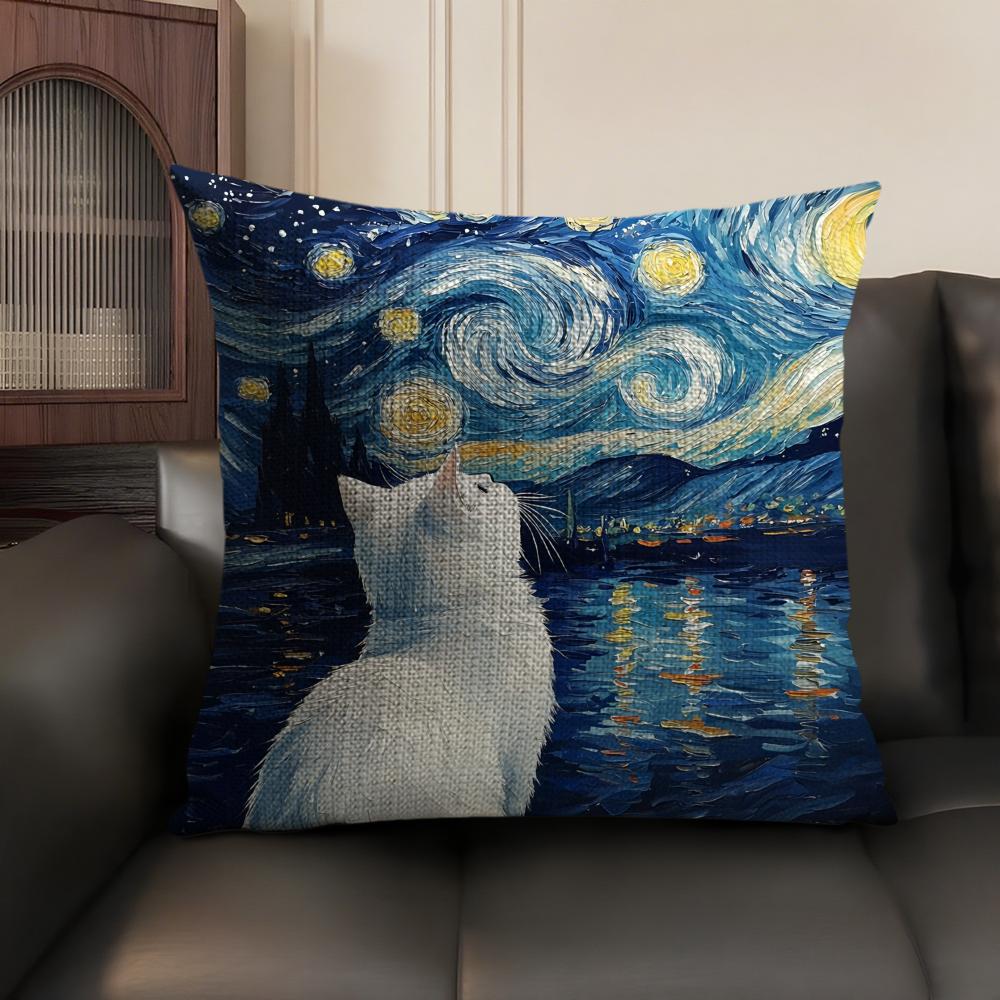 Van Gogh Starry Night Cat Cushion Cover Natural Linen Organic Fabric Double-Sided Printing Sofa Home Decor Gift Pillow Case